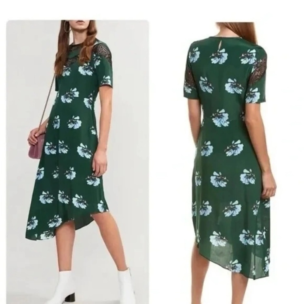 Maje Imprime Green Floral Midi Asymmetrical Hem Lace Neck Dress, Sz 1, $515, EUC